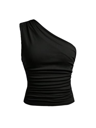 Milumia Girl's Ruched One Shoulder Tank Top Sleeveless Slim Fitted Casual Tops