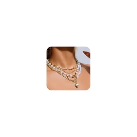 Chunky Gold Layered Necklace for Women Dainty Multilaye 14k Gold Plated Pearl Paperclip Chain NecklaceAdjustable Layering Chain Gold Plated Necklaces Set for Women Cover