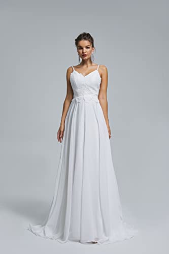 Image of Spaghetti Chiffon Beach Wedding Dress V Neck A line Bridal Gowns Lace Plus Size Wedding Dress