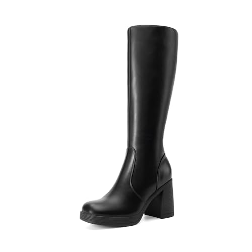 DREAM PAIRS Knee High Boots for Women Platform Square Toe Chunky Block Heeled Gogo Boots with Side Zipper
