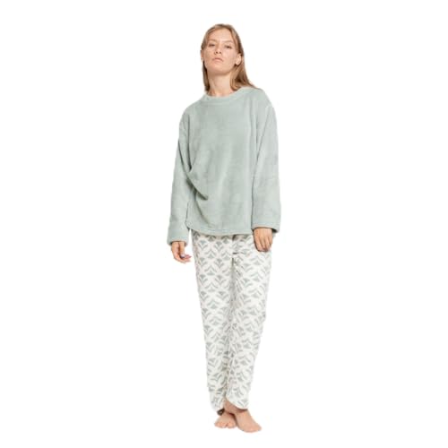 TRAMAS+ Pijama Mujer de Invierno, Pijama de Coralina con Camiseta de Manga Larga y Pantalón Largo Ajustable, Conjunto para Dormir Cómodo y Calentito - L, Etea L Verde Tiffany