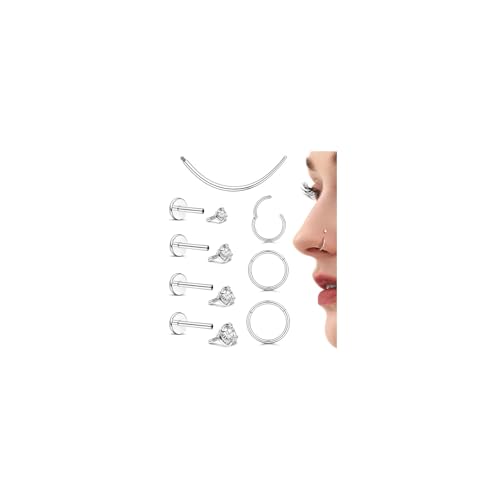 Morfetto Juego de 7 Piezas de Piercing Nariz Acero Quirúrgico | 16G Oro y Plata con CZ Roscado Interno Piercing Oreja Helix y Tragus Plata | Incluye Aro Nostril Clicker y Pendientes para 6/8/10mm