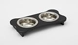 1 Pint 2.25 in. Low High Double Poly Wood Dog Bowl with 2 Stainless Steel Bowls Black