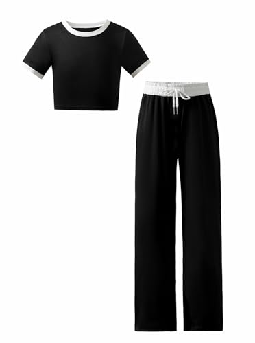 La Mejor Selección de Ropa de Escalada para Niña disponible en línea para comprar. 49 Hilinker - Conjunto de ropa para niña, manga corta, pantalones anchos de 2 piezas, Negro Blanco, 13-14 Años