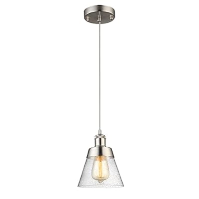 Modern Glass Pendant Light with Handblown Clear Seeded Glass Shade, One-Light Adjustable Industrial Mini Pendant Lighting Fixture for Kitchen Island Cafe Bar, Brushed Nickel