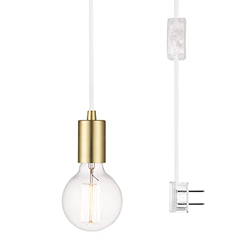 Globe Electric Novogratz X Globe 60599 Emile 1-Light Plug-In Exposed Socket Pendant, 15-Ft White Cloth Cord, In-Line On Off Rocker Switch, Brass Socket #TOP7
