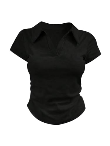 SHENHE Women's Short Sleeve Shirt Collared V Neck Slim Fitted Tight Casual Tee Tops