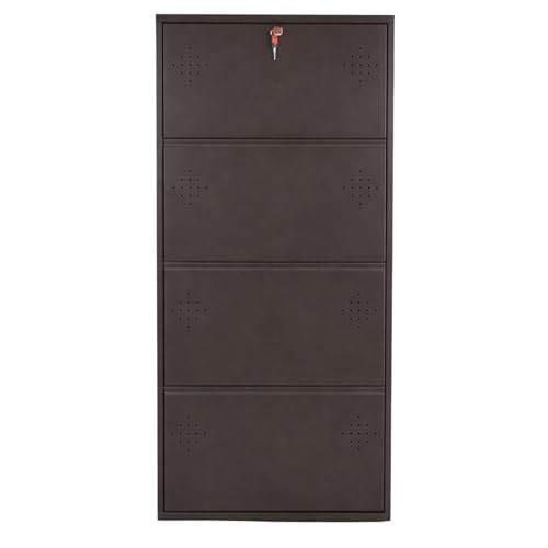 Image of 4 Door Wall Mounted Metal Shoe Rack Cabinet with Lock | Space Saving Shoe Storage Cabinet | Dustproof & Ventilated Shoe Organizer for Home, Entryway, Bedroom & Balcony | Brown | 52 x 21 x 6 Inch