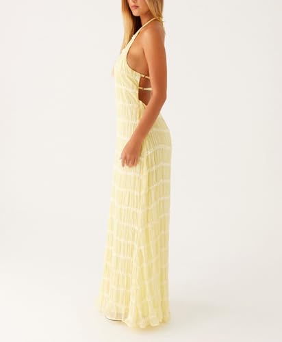 Women Halter Flowy Vacation Long Dress Sexy Sheer Ruched Backless Dress Y2k Sleeveless Beach Tiered Maxi Sundresses3