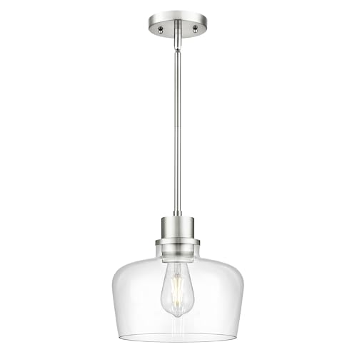 Emak 10 Inch Brushed Nickel Pendant Light, Modern Large Pendant Lights Kitchen Island, Hanging Lights with Clear Glass Shade for Kitchen, Dining Room, Entrance, PL126-BN-CG