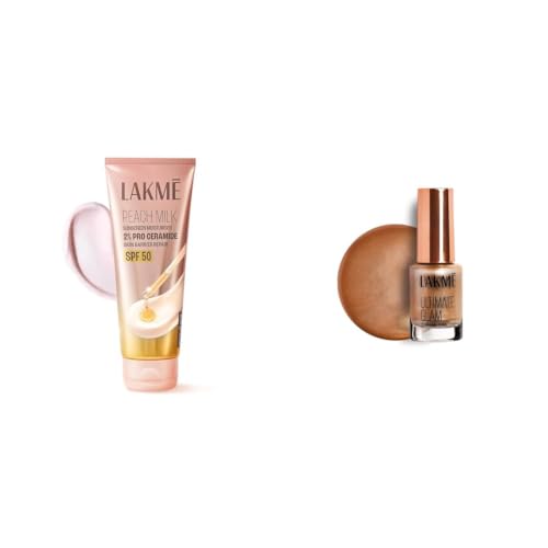 Image of Lakme Peach Milk Sunscreen Moisturiser SPF 50 PA with 2% Pro-Ceramides Peptides LAKME Ultimate Glam Chrome Nail Paint, Rust 6ml