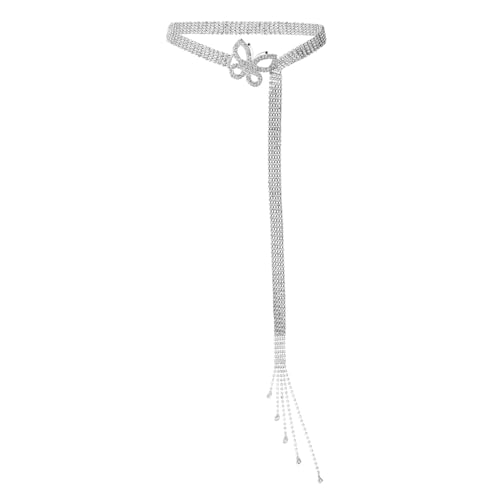 Rhinestone Belt for Women, Silver Crystal Diamond Waist Chain Belt Fashion Sparkly Bling Wide Belt Butterfly Waistband Belt for Dresses Jeans