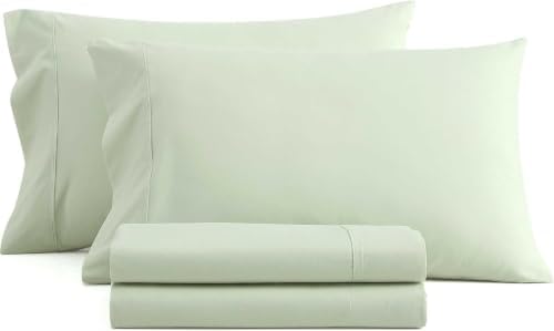 Image of Martha Stewart - Full Size Sheets Set, Crisp & Tailored Cooling Sheets w /a Naturally Smooth Cotton Percale Lightweight Feel - Matching Pillowcases & Fitted Sheet (Skylands Solid Green)