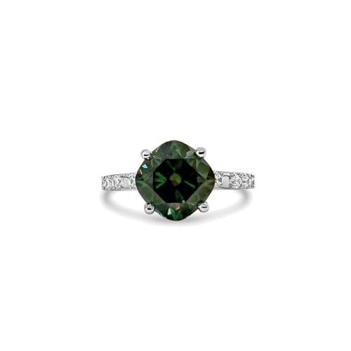 Generic Colorful 3 Ct. Green Rainbow Moissanite Ring, 18K White Gold Over Silver, Cushion Cut With Side Moissanite Accent Stones (8), Greenish purple