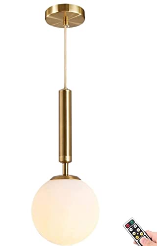 Wireless Battery Operated Pendant with Remote & Dimmable Bulb, Not Hardwired Battery Powered Ceiling Lamp, White Frosted Glass Globe Shade Adjustable Island Kitchen Dining Room Bedroom Light Fixture
