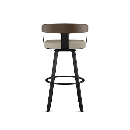 Image of Amisco Lars 26 inch Swivel Counter Height Barstool, Upholstered Stool with Solid Wood Back and Arms for Kitchen Island or Bar, Drees Stool, Greige Faux Leather /Brown Wood /Black Metal