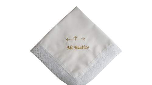Pañuelo bautizo bordado letras doradas 35x35 cm