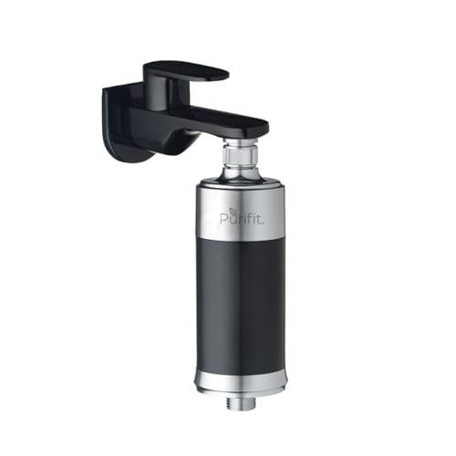 Purifit Plastic Chrome Shower & Tap Filter for Hard Water Softener for Bathroom to Reduce Hair Fall & Remove Chlorine, Black Colour, 11 x 5 x 5 cm