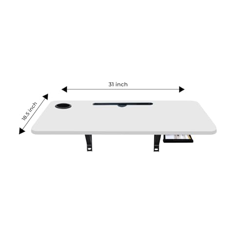 Image of wow craft Wall-Mounted Multipurpose Study Table for Home & Office | Foldable Wooden Desk with Drawer, Cable Slot & Cup Holder | Space Saving Workstation - 31x18.5 Inches (Matte White)