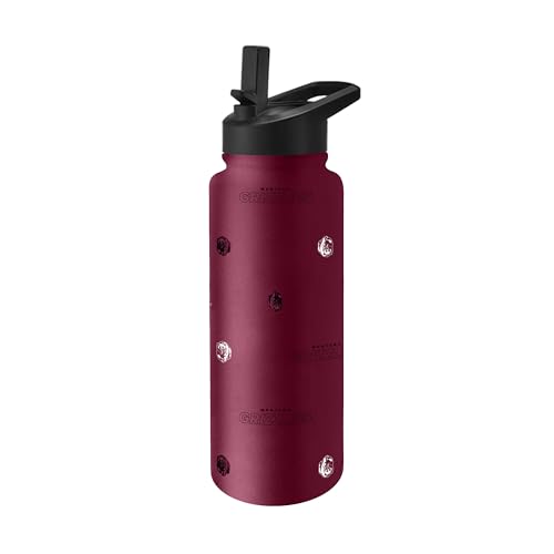 Image of Logo Brands NCAA Montana Grizzlies Step & Repeat 34 oz Stainless Steel Quencher Bottle - All Over Logo Design, No-Spill Lid, Easy Carry Handle - Keeps Drinks Cold For Hours