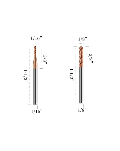 Image of 1 /16 inch 1 /8 inch 3 /16 inch 1 /4 inch 3 /8 inch Carbide End Mills Set, 4 Flute, TISIN Coated, Ball Nose End Mill Bits for Steel, CNC Router Bits, Center Cutting