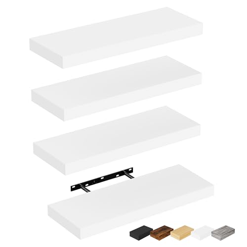 Bellsal Floating Shelves for Wall, White Engineered Wood Wall Shelf Set of 4, 16" Wall Mounted Floating Shelf for Kitchen, Living Room, Bedroom, Bathroom Storage, Book Shelf for Walls Home Decor