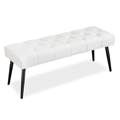LUE BONA Button-Tufted Ottoman Bench, 44.5'' Litchi Stria Faux Leather Upholstered Bedroom Bench, Padded Entryway Bench, End of Bed Bench with Metal Legs, for Decorative, Living Room, White