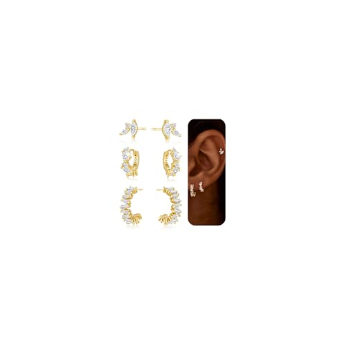 Image of KINHOPI Gold Earrings for Women, Hoop Earrings Set for 3 Piercings with Cubic Zirconia Dainty Studs 14K Gold Plated Huggie Hypoallergenic Daily Jewelry Gift for Women, 3 Pairs