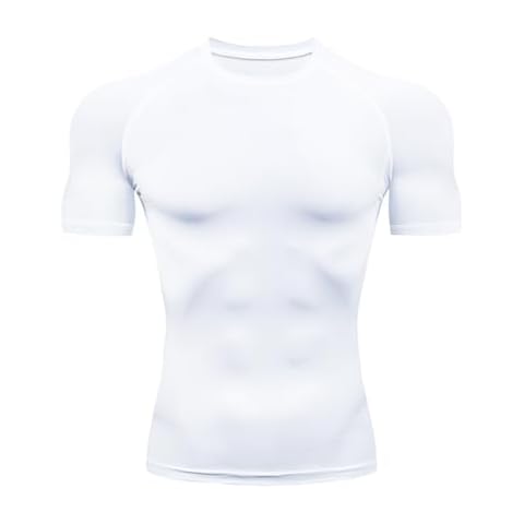 HYCOPROT Men's Compression Shirts Short Sleeve Athletic Workout T-Shirt Cool Dry Sports Baselayer Running Undershirts Tops White Cover