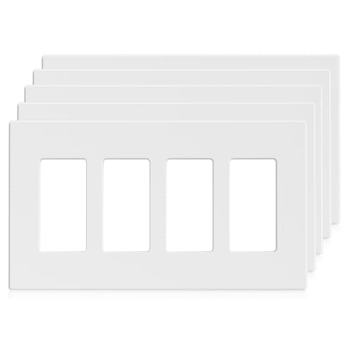 Image of ELEGRP 4-Gang Screwless Decorative Wall Plates, Mid-Size Unbreakable Thermoplastic Faceplate Cover for Decorator Receptacle Outlet Switch, UL Listed (5 Pack, Matte White)
