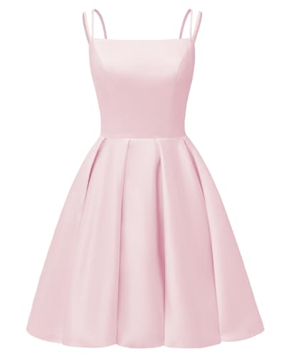 Image of Tianzhihe Satin Homecoming Dresses for Teens 2026 Spaghetti Straps A-line Square Neck Short Cocktail Party Dress with Pockets