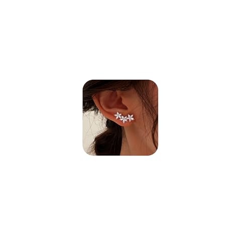 XAYAH Dainty 925 Sterling Silver Cz Flowers Ear Crawler Stud Earrings for Women Small Trend Crystal Flower Cuff Wedding Earrings for Bride Mom White Cubic Zirconia Christmas Birthday Jewelry Gifts
