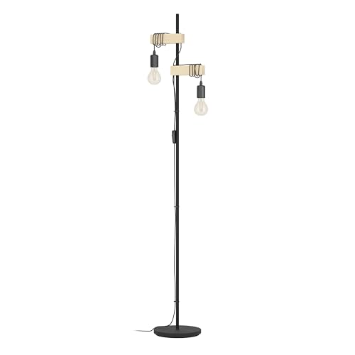 EGLO Stehlampe Townshend, 2 flammige Vintage Stehleuchte im Industrial Design, Retro Standleuchte aus Stahl und Holz, Farbe: schwarz, braun, Fassung: E27, inkl. Schalter