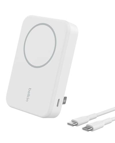 Belkin Portable Charger, Power Bank 10000 mAh w/ Qi2, iPhone Charger - MagSafe Charger w/Built-in Pop-up Kickstand for iPhone 17, Air, Pro, Pro Max, AirPods, Apple Watch, Google Pixel 10, etc - White