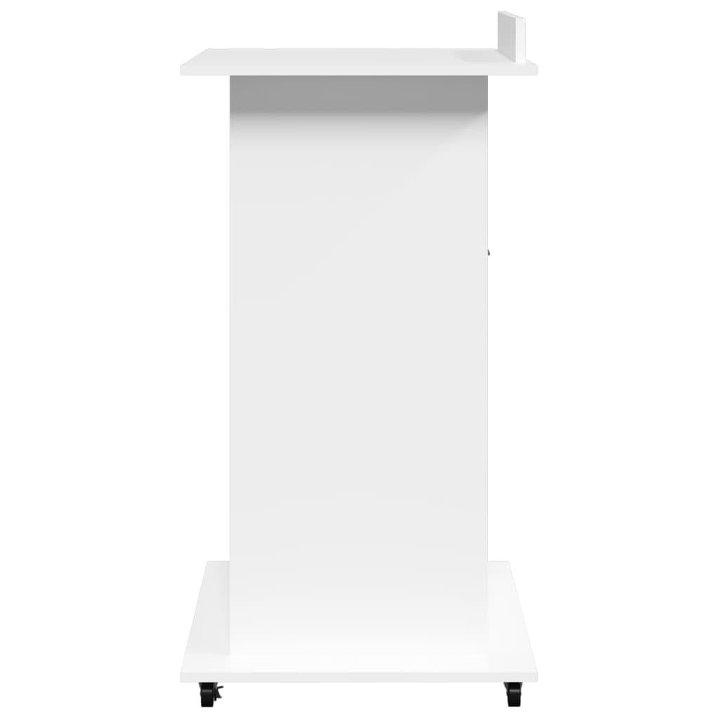 Leggio con Ruote e Cassetto Bianco 55x55x107 cm in Multistrato,Leggio, Podio, Pulpito per Conferenze, Tavolo per Presentazioni, Scrivania per Discorsi Pubblici, Porta PC, Piano Inclinato e Ripia