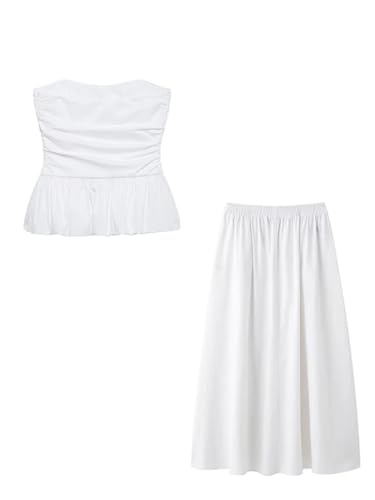 Women Beach Vacation Suit Elegant Folds Chest Wrap Top+Casual Side Pocket Elastic Waist Long Skirt2