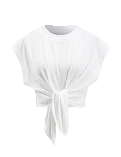 Crop Tops for Women Cap Sleeve Tie Front Solid Ruched T-Shirt Tops 2025 Summer Crew Neck Tee Shirts Blouse