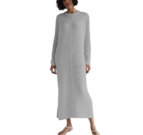 Robe midi en tricot gris à col rond et manches longues pour femme en taille L