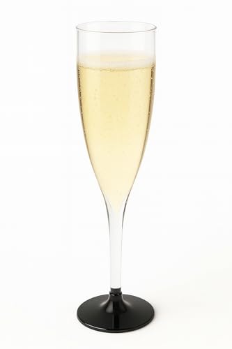 Sanjoma Chemical Solutions 100 Copas de cava de plástico 150 ml REUT – Flute transparente con base negra desmontable – Copas rígidas desmontables para champán, fiestas, bodas, Navidad o Nochevieja