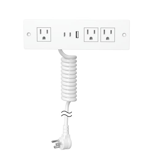 Furniture Drawer Outlet Recessed Power Strip with (3) PD 20W USB Ports Fast Charging & (3) 15 Amp AC Outlets (14 AWG) 5 FT White Spring Cord