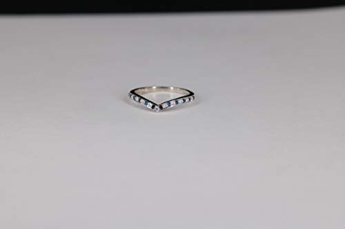 0.10 Carat (Ctw) 14K White Gold Plated Round Blue Sapphire & White Diamond Ladies Wedding Stackable Band Anniversary Guard Chevron Ring 1/10 CT4