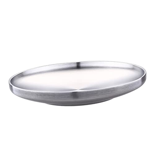 CIYODO Stainless Steel Round Dish Double Wall Plate with Wire Drawing Finish Non Slip Base for Stable Serving for Dining and Entertaining