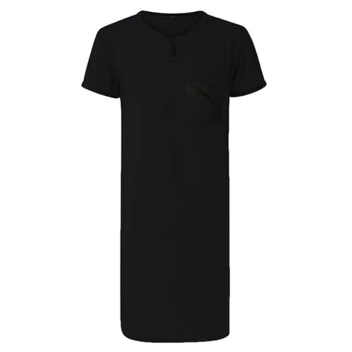 Generic Nightgown for Men Short Sleeve V Neck Nightshirt Loose Fit Solid Color Sleep Shirts Comfy Soft Lightweight Nightwear 2024 Black, Large
