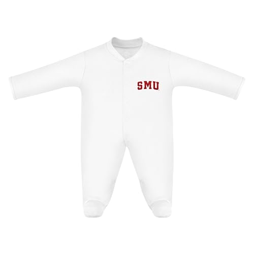 Creative Knitwear College Baby Infant Footed Romper Long Sleeve - SMU Mustangs Southern Methodist Logo, White, Unisex, Size 6-9 Months