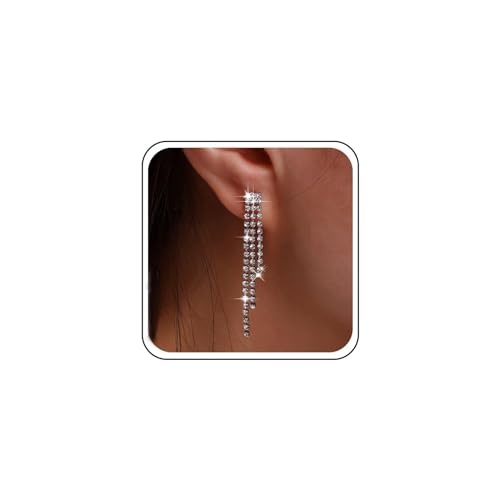 Vintage Crystal Chandeliers Earrings Silver Tennis Chain Earrings Long Rhinestone Chain Dangle Earrings Cz Paved Chain Tassel Earrings Wedding Chandelier Statement Earrings Jewelry for Women and Girls - Main Image