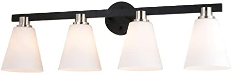VAXCEL Vermont 4-Light 32 inch Wide Matte Black and Satin Nickel Transitional Bathroom Vanity Lighting Fixture, Etched White Glass Shade, Dimmable, LED Compatible, Over The Mirror Mounted Wall Sconce