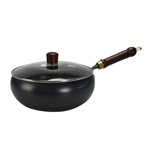 Sartén de hierro japonesa, wok hecho a mano con tapa y mango de madera, olla de hierro forjado tradicional, sartén for sopa, wok for placas de vitrocerámica eléctrica de inducción(26cm)