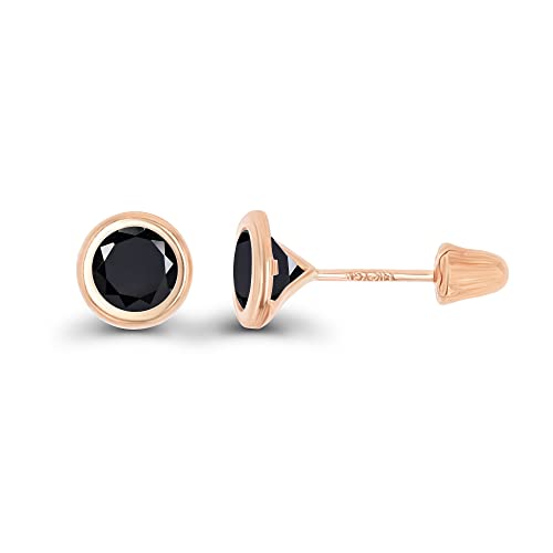 Solid 14K Gold Hypoallergenic 5mm Round Solitaire Birthstone Bezel Screw Back Stud Earrings