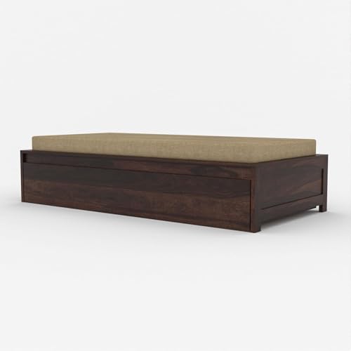 Image of Wooden Single Size Bed for Living Room, Drawing Room & Bedroom | Space Saving Wooden Cot /Palang /Diwan with Trundle Drawer Storage | Solid Sheesham Wood, Walnut Finish