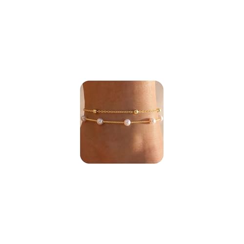 MFRYK Gold Plated Layered Anklet for Women, Adjustable Ankle Bracelet Gift